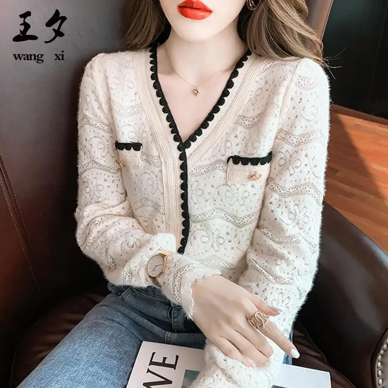 

Женская одежда в западном стиле, свитер с длинными рукавами и контрастной строчкой, модный и элегантный тонкий свитер, Новинка лета 2021