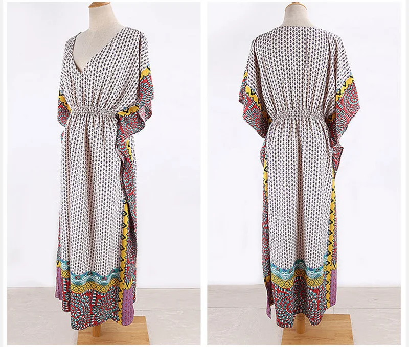 Fitshinling Geometric Print Vintage Maxi Dress Beach Wear 2020 V Neck Batwing Sleeve Pareo Oversize Robe Swimsuits Cover Up New | Женская