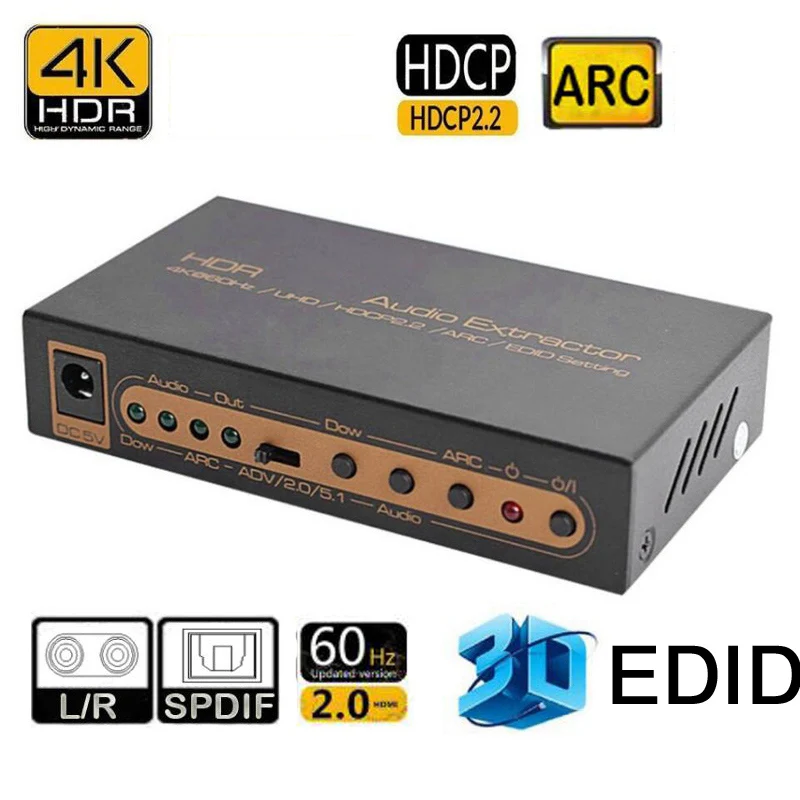 

HDR HDMI-совместимый аудио экстрактор ARC HDCP2.2 3D HDR LR аудио экстракторы поддерживает 4K/60 Гц с SPDIF коаксиальный стерео R/L выход