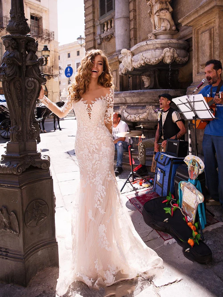 

MNGRL V-neck Simple Long Sleeve Mermaid White 3D Flower Wedding Gown Lace Perspective Wedding Dress Backless Bridal Dresses