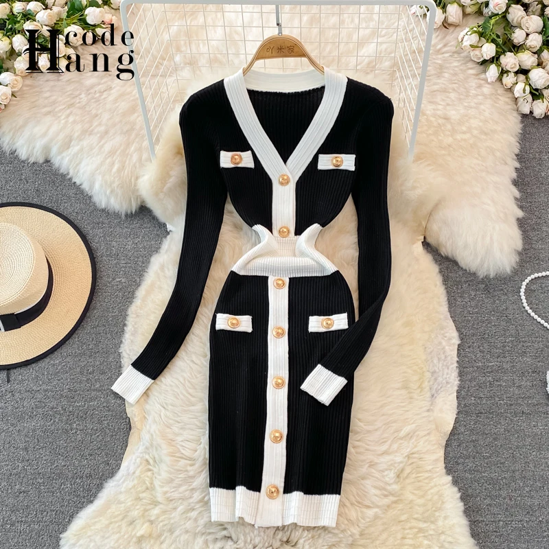 

HangCode 2021 New Autumn Winter Buttons Bodycon Dress Lady Slim Elastic Knitted Office Dress Elegant Vestidos