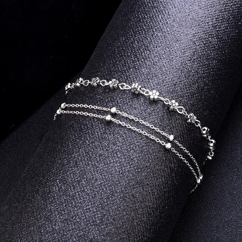 Женский винтажный браслет на ногу Sindlan Серебристый с бусинами в виде цветов