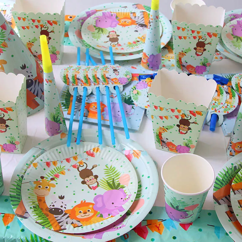 

Woodland Jungle Animals Disposable Tableware Jungle Safari Birthday Party Kid Zoo Monkey Lion Zebra Elephant Boy Forest