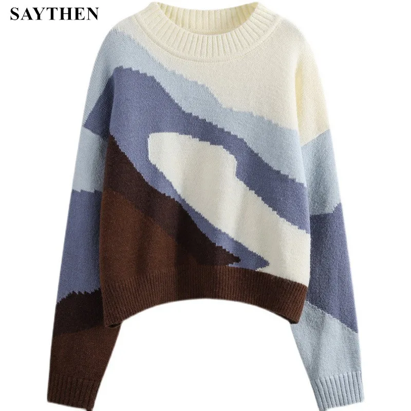 

SAYTHEN The New Hit Color Round Neck Pullover Retro Hong Kong Style Long-Sleeved Loose Knit Sweater Autumn And winter Blouse