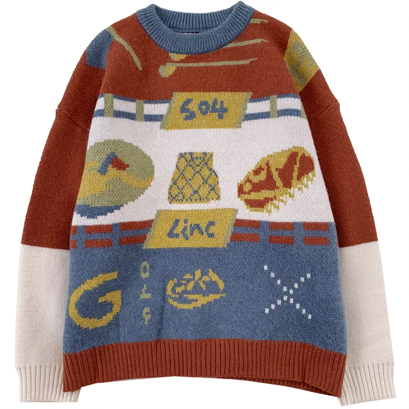 

Yeeloca Winter Vintage Jacquard Warm Sweater Women's Casual O-neck Thickened Pullovers Korean Color Matching Loose Sweater