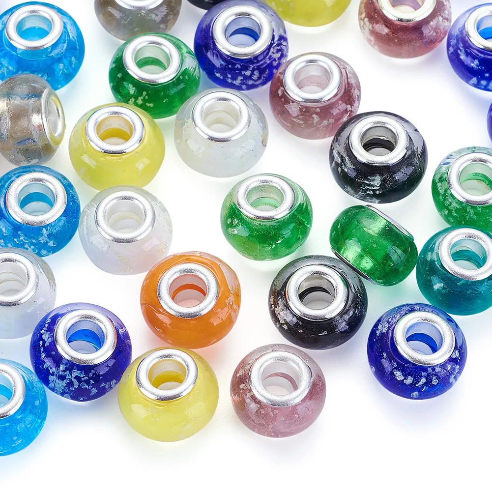 

100pcs Glow In The Dark Handmade Luminous Style Lampwork Large Hole European Beads Tone Brass Cores Rondelle Mixed Color