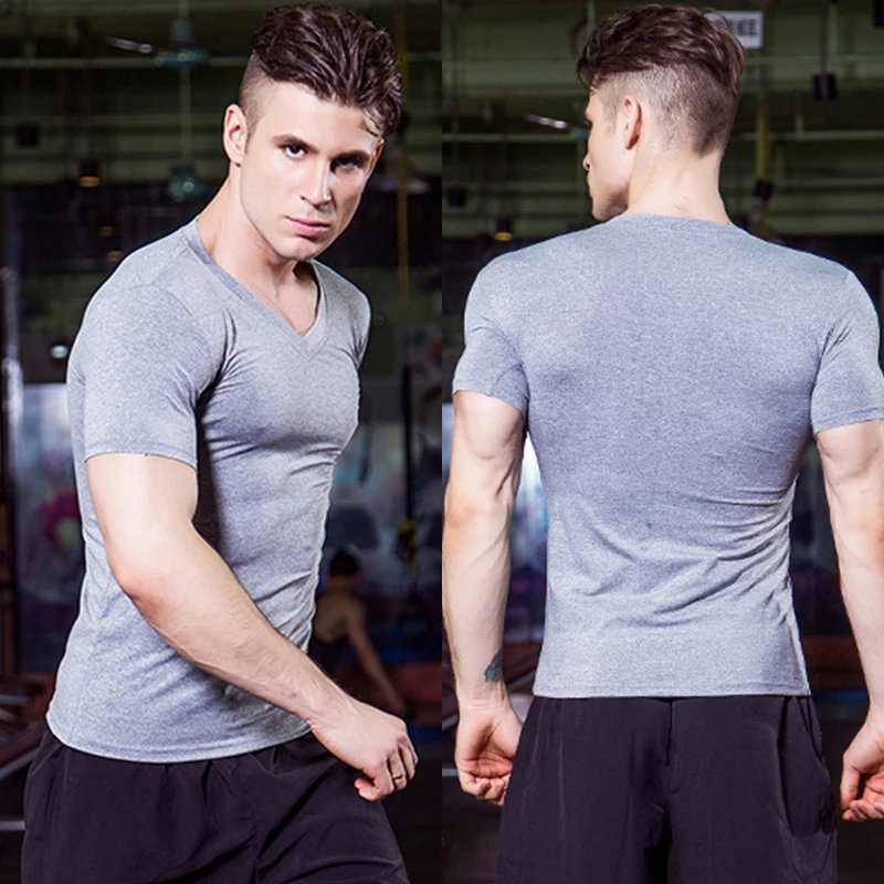 

Mens Tshirt Bodybuilding Fitness Tops Casual Quick Drying Compression Men Shirt Short Sleeve V Neck Sports Male Tees