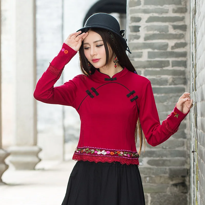 KYQIAO online chinese store boho blouse women winter original design mandarin collar red floral embroidery shirt tops | Женская одежда