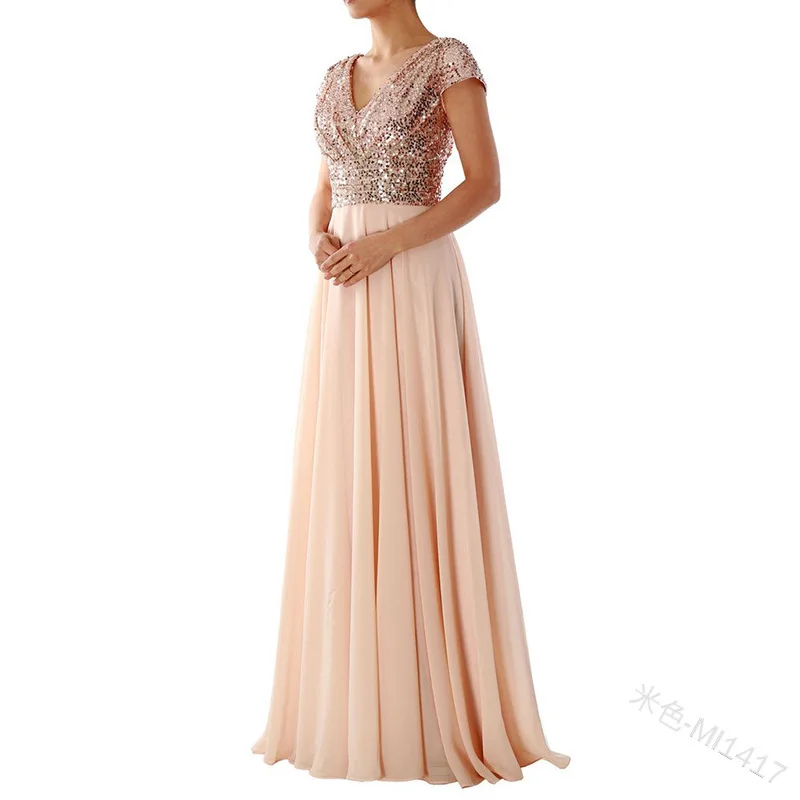 

Linglewei New Spring and Summer Women's Dress new V-neck Sequin Chiffon patchwork dress