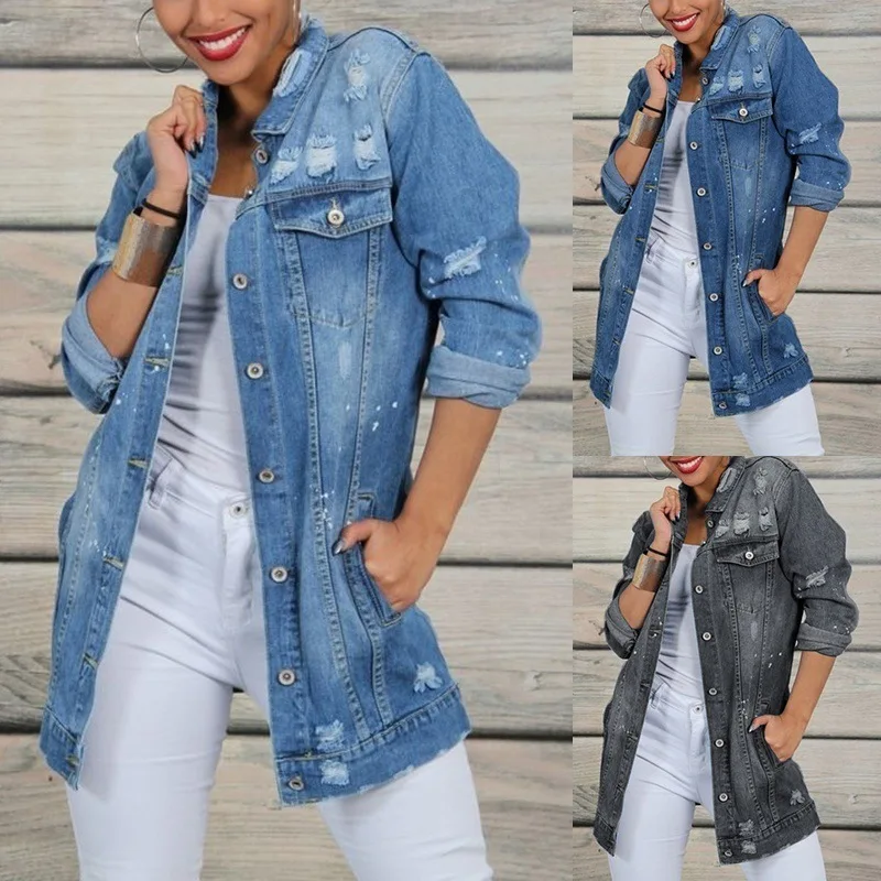 

2021 New Solid Turn-down Collar Jean Jacket For Women Loose Casual Blue Fashionable Women Coats Female Outwear Denim Feminine