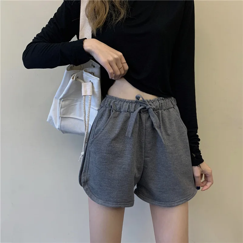 

Shorts de verão feminino cintura alta elástico calças curtas menina estilo coreano casual all-match cinza algodão casa esportes