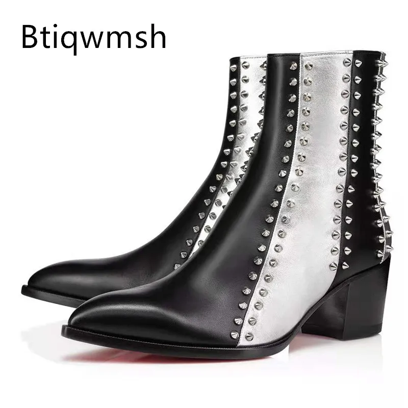 

British Style Studded Ankle Boots Men Pointed Toe Rivet Mxied Color Patchwork High Heels Shoes Man Fashion Martin Boots