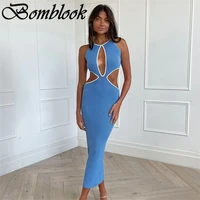 bomblook sexy party bodycon dresses for women 2021 autumn solid o neck sleevelesss cut out backless midi dress female streetwear