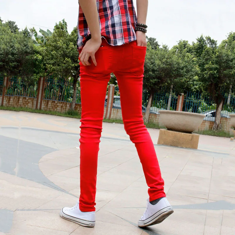 Wholesale 2021 Korean Fashion Casual Show Thin Skinny Jeans Men Red Clothes For Teenagers Pencil Trousers Men's Classic Pants images - 6