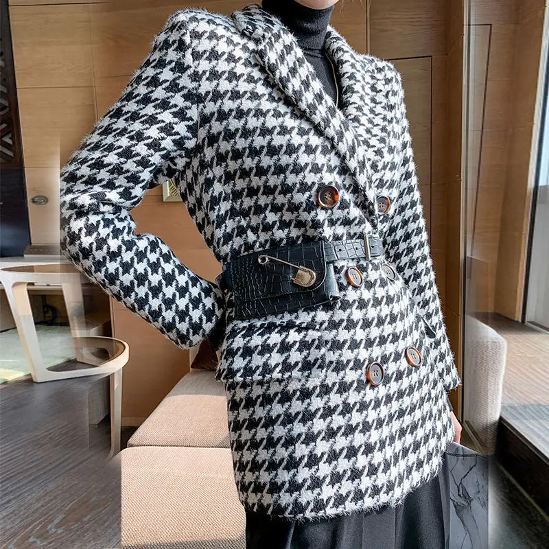 Thick Foot Houndstooth Blazer Women 2021 New Spring And Autumn Suit Jacket Female Tide Ins Woolen Coat Blazer Femme Tops Outerwe