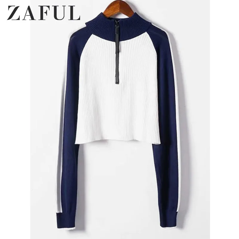 Женский укороченный свитер на молнии ZAFUL с цветными блоками спереди Лоскутные