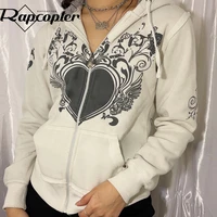 rapcopter heart print jackets kawaii white pockets coat grunge fairycore hoodies long sleeve loose outerwear women retro gothic