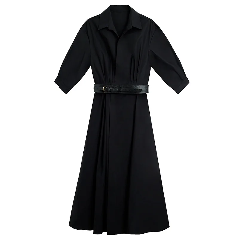 

White Dress 2021 New Spring Design Belt Waist Slimming Mid-Length Shirt Collar Dress skirts womens