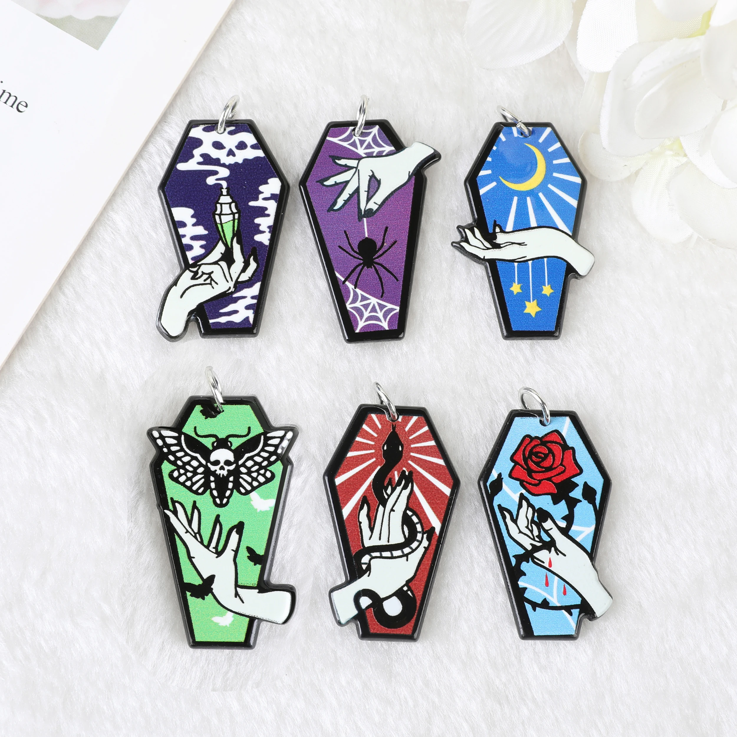 

12 шт. пастельные готические Подвески на Хэллоуин, жуткий гроб, акриловые ювелирные изделия, фурнитура для изготовления сережек и ожерелий с...