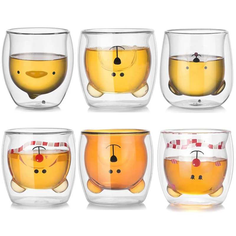 Двухслойная стеклянная чашка с милым медведем 230 мл боросиликатная термостойкая