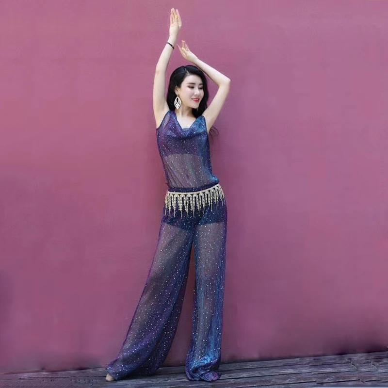 

Танец живота профессиональная одежда для выступлений Женский взрослый сексуальный Lce Шелковый комбинезон новая практика одежда Брюки Лето