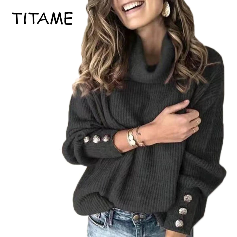 TITAME Women Knitted Sweater High Neck Knitting Solid Long Sleeve Sweaters Female Fashion Turtle Jacket | Женская одежда