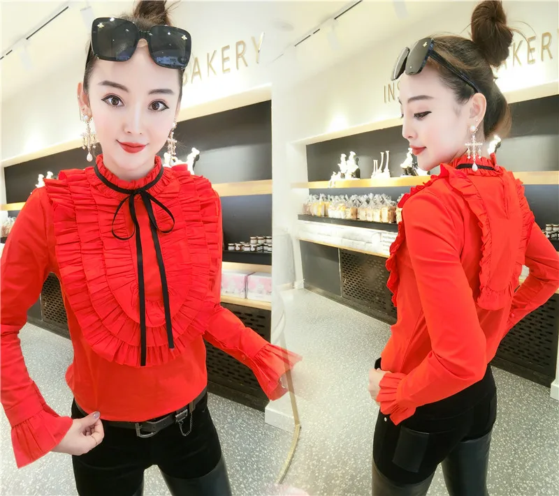 2021 Spring Long Seeve Ruffles Cotton Shirts Women Office Work Layers red Sweet Blouse Tops | Женская одежда