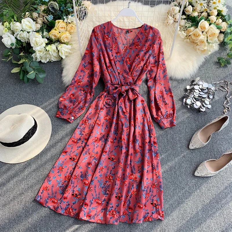 2019 Новое Женское праздничное платье с v образным вырезом и цветами тонкое длиной