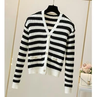 cardigan women sweater black white striped knitted v neck long sleeve slim fashion woman clothes top 2021 autumn cardigans femme