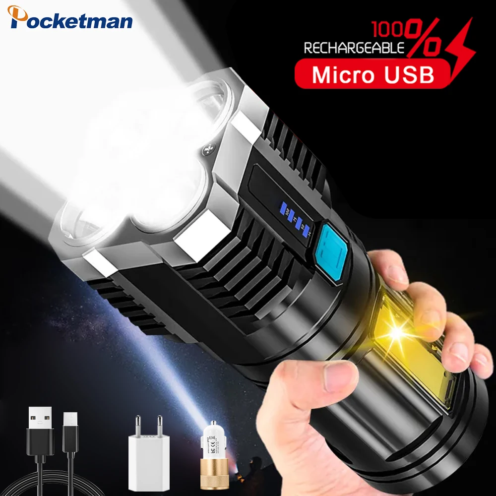 

Newest 4 Led Flashlight Strong Light USB RechargeableTorch Lanterna Portable Flashlight Torch With COB Sde Light Spotlight