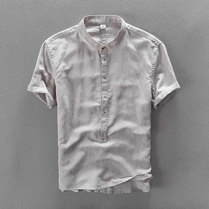 

cotton Men's casual linen shirts solid short sleeve shirt summer loose clothing Male dress