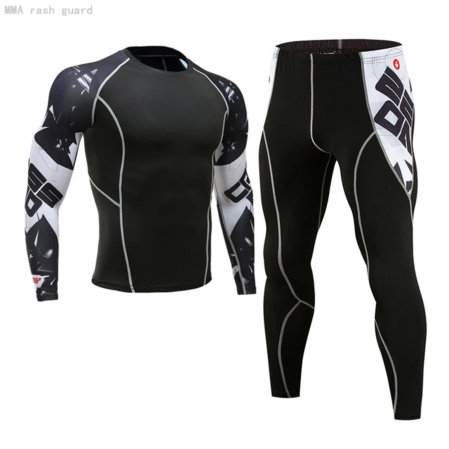 

Men Thermal Set Compression Sport Suit MMA Shirt Leggings Gym Workout Clothing Track Suits Men Set Rashgard Training Set 2 Piece