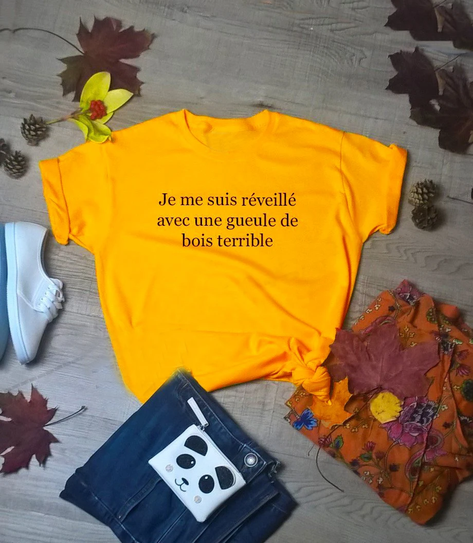 

Street Style French T Shirt Hungover Slogan Yellow Women Fashion Girl Aesthetic Grunge Tumblr Female Tee Tops