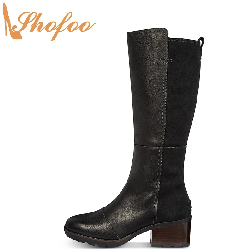 

Black Patchwork Knee Long Riding Boots High Chunky Heels Women Round Toe Large Size 12 16 Lady Winter Fashion Warm Shoes Shofoo