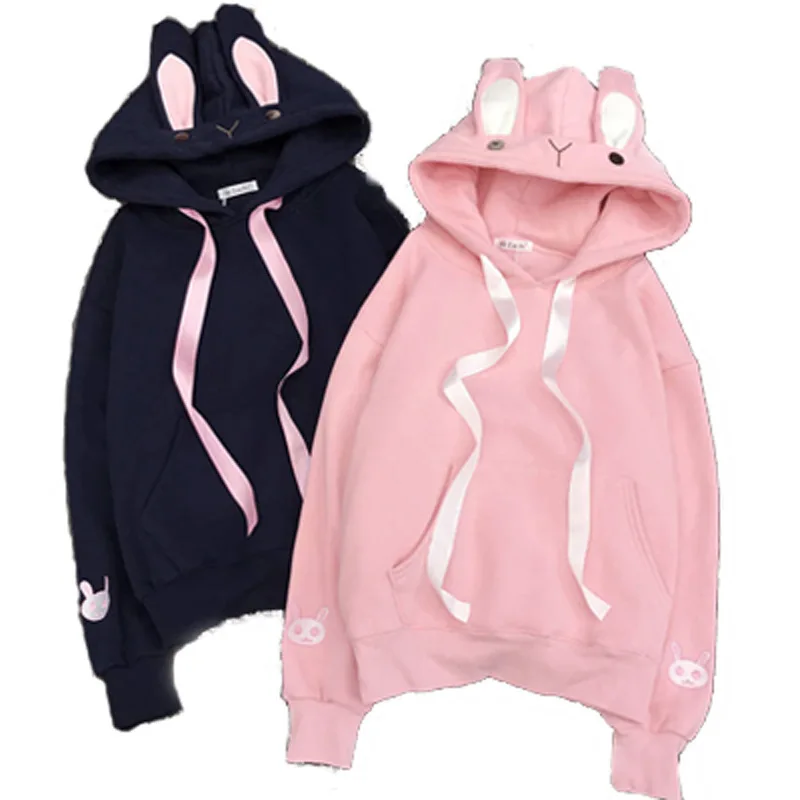 

Japanese Cute Women's Hoodie Embroidery Rabbit Ears Plus Velvet Thick Pullover Long Sleeve Sweater Girl Female Casual Winter