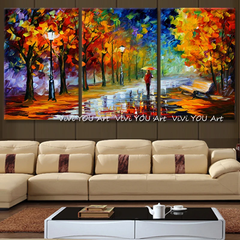 Large Home Decor Handpainted Lover Rain Street Tree Lamp Landscape Oil Painting On Canvas Wall Art Wall Picture For Living Room
