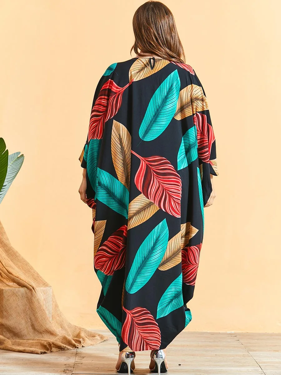 2021 Oversize Woman Dress Colorful Leaf Print Batwing Sleeve Maxi Long Dresses for Women Black Loose Muslim Abaya Robe