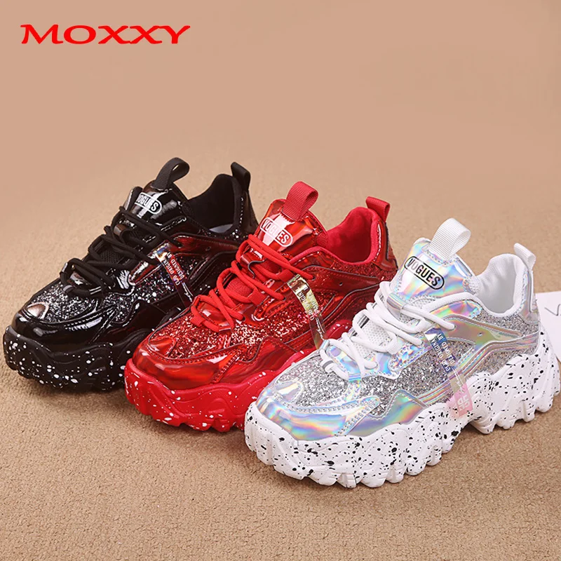 

2021 Spring Sneakers Women New Glitter Shoes Female Platform Chunky Black White Red Sneakers Casual Women Vulcanized Shoes