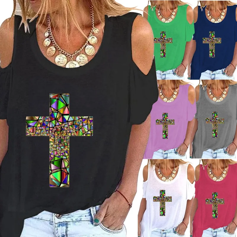 

Women Summer New Fashion Casual Cross Printed Loose Off Shoulder T-shirts Round Neck Plus Size Short Sleeve Blouse Tops XS-5XL