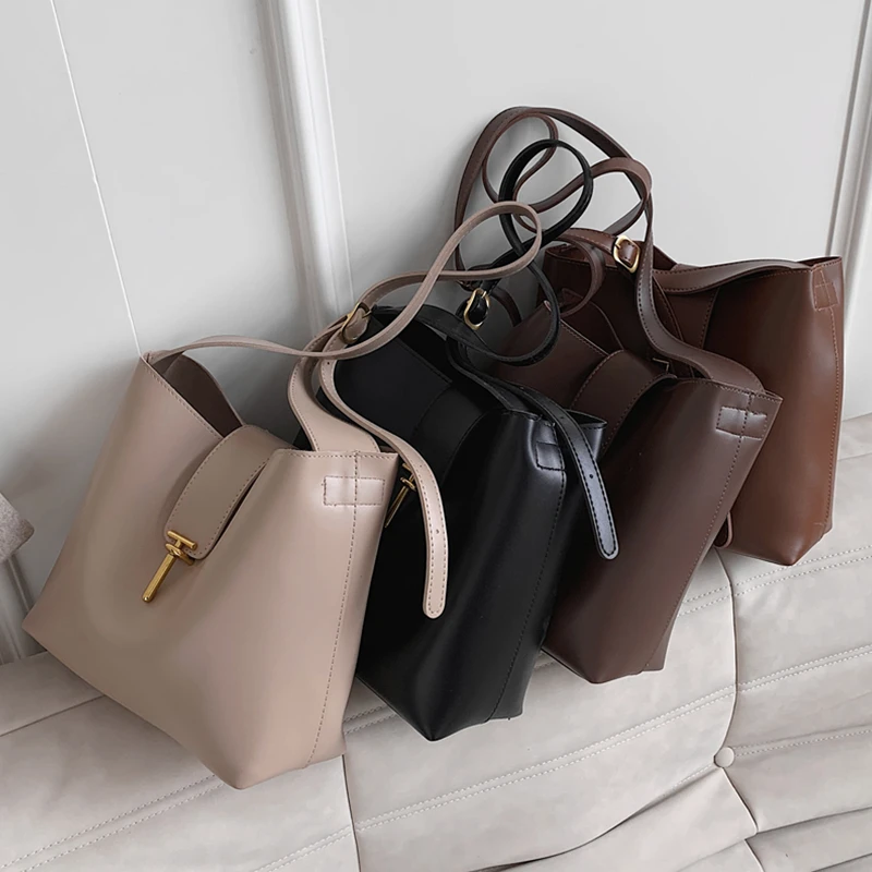 

Vintage Soft Bucket Shoulder Bags For Women Wide Strap Lock Design Large Capacity PU Leather Ladies Composite Bags 2021