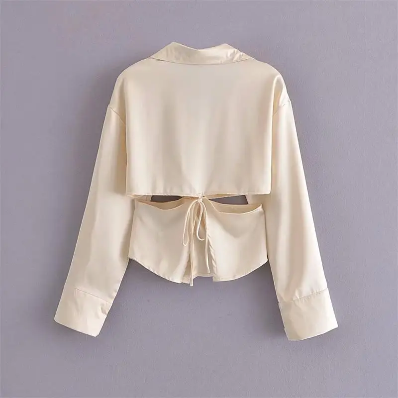 

2021 Summer Women Hollow Out Blouse Long Sleeve Bandage Female Loose Thin Top Solid Casual Girls Turn Down Collar Shirt Blouse