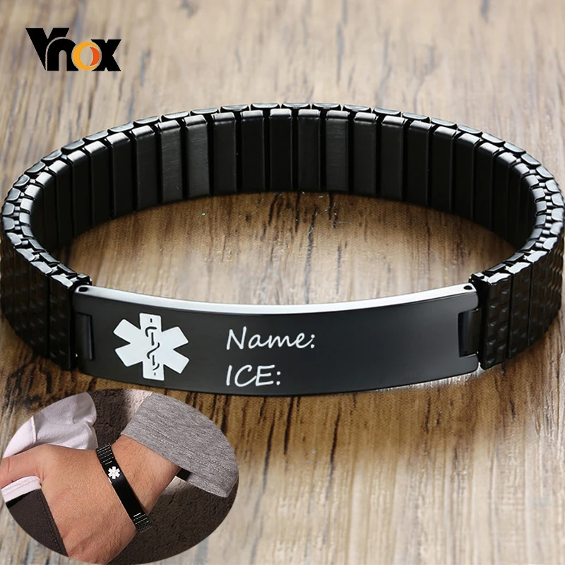 

Vnox Free Custom Engrave Stainless Steel Medical Alert ID Stretch Anti Allergy Bracelets for Men Women Unisex SOS Jewelry