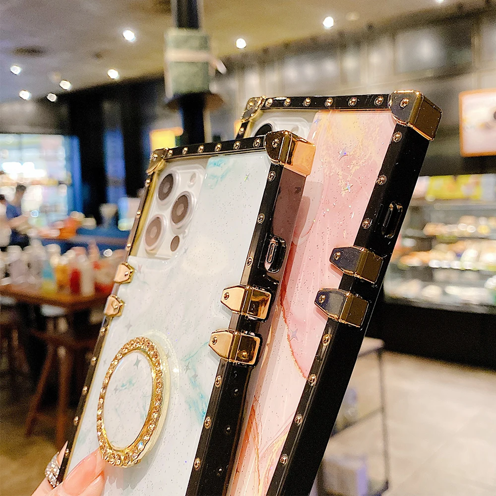 

Luxury Square Marble Phone Case For Samsung A52 A72 A51 A71 A32 S20 FE S21 S10 S9 Plus Note 20 10 Ring Holder Soft Cover