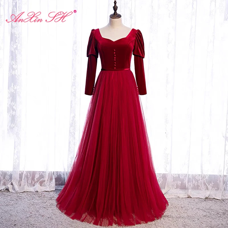 

AnXin SH princess wine red velour evening Dress party vintage sweetheart long sleeve bride lace up a line long evening dress