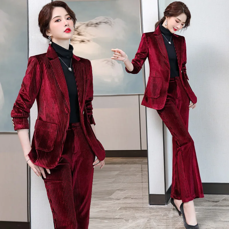 

Golden velvet women's autumn winter women's style warm Korean fashionable high quality velvet Blazer two piece suit for women