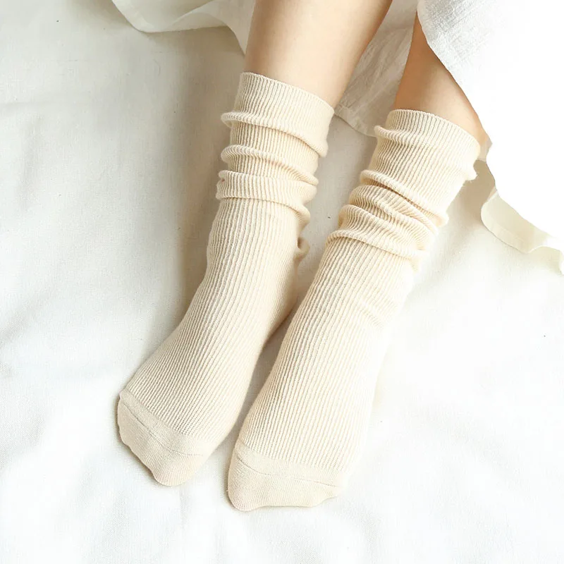 

High School Girls High Socks Loose Solid Colors Double Needles Knitting Cotton Long Socks Women Cute Socks