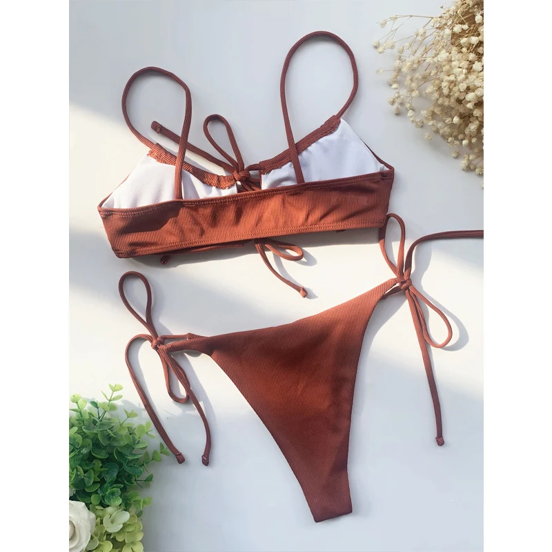 

Women's Solid Swimsuit Ribbed Separate Two Piece Sexy Brazilian Bikini Bow Knot Decorated String Swimwear Female Bathing Suit