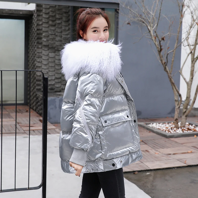 Женское зимнее пальто серебряного цвета наполнитель из утиного пуха Воротник