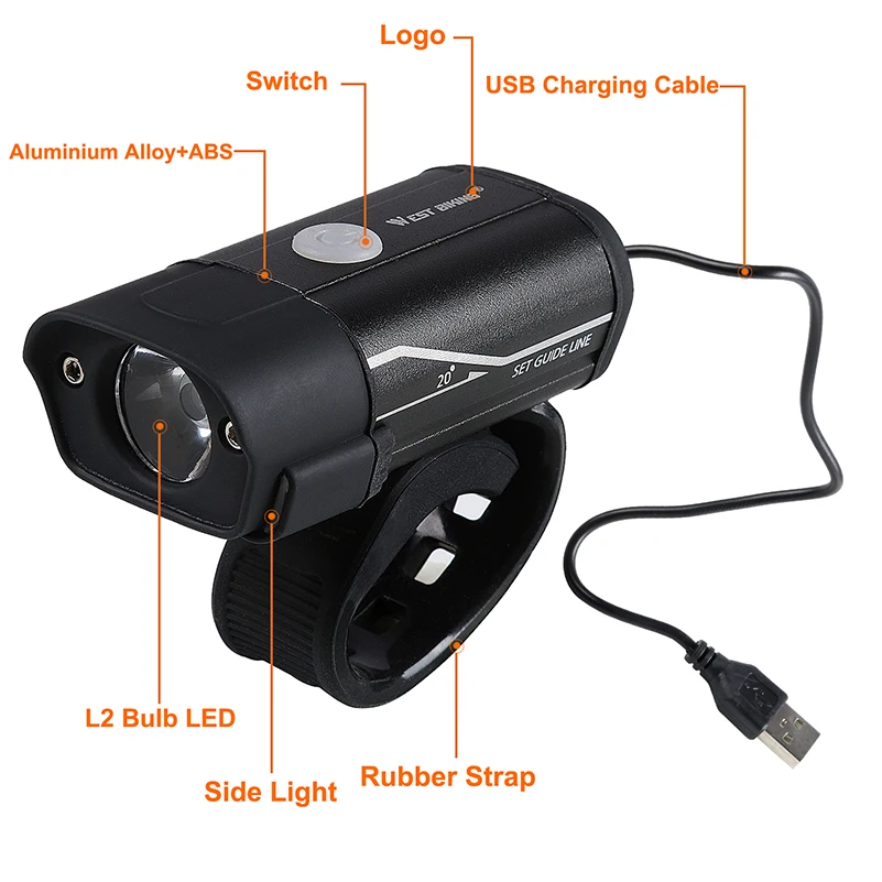 

WEST BIKING 350 Lumens Bicycle Front Light Waterproof Cycling Light USB Rechargeable Side Warning Flashlight 5 Modes Bike Light