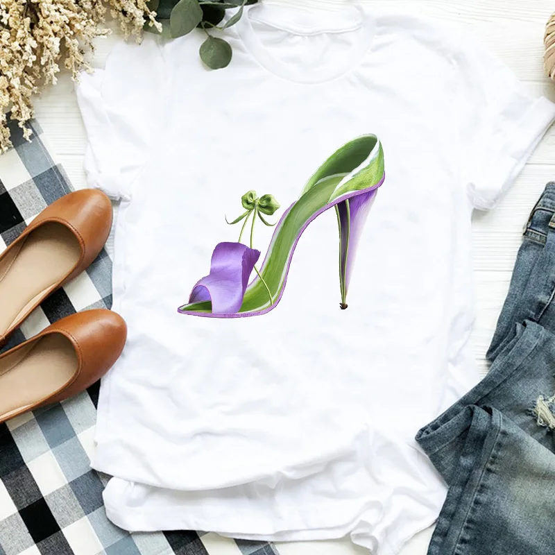 

Floral Flower Shoes Print T Shirt Women Short Sleeve O Neck Loose Tshirt Women Tee Shirt Tops Female Clothes Camisetas Mujer